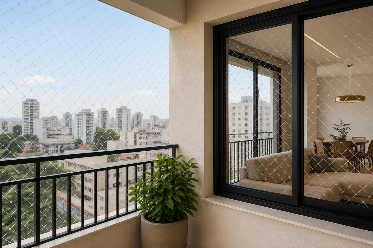 Sacada e janela de apartamento protegidas com rede